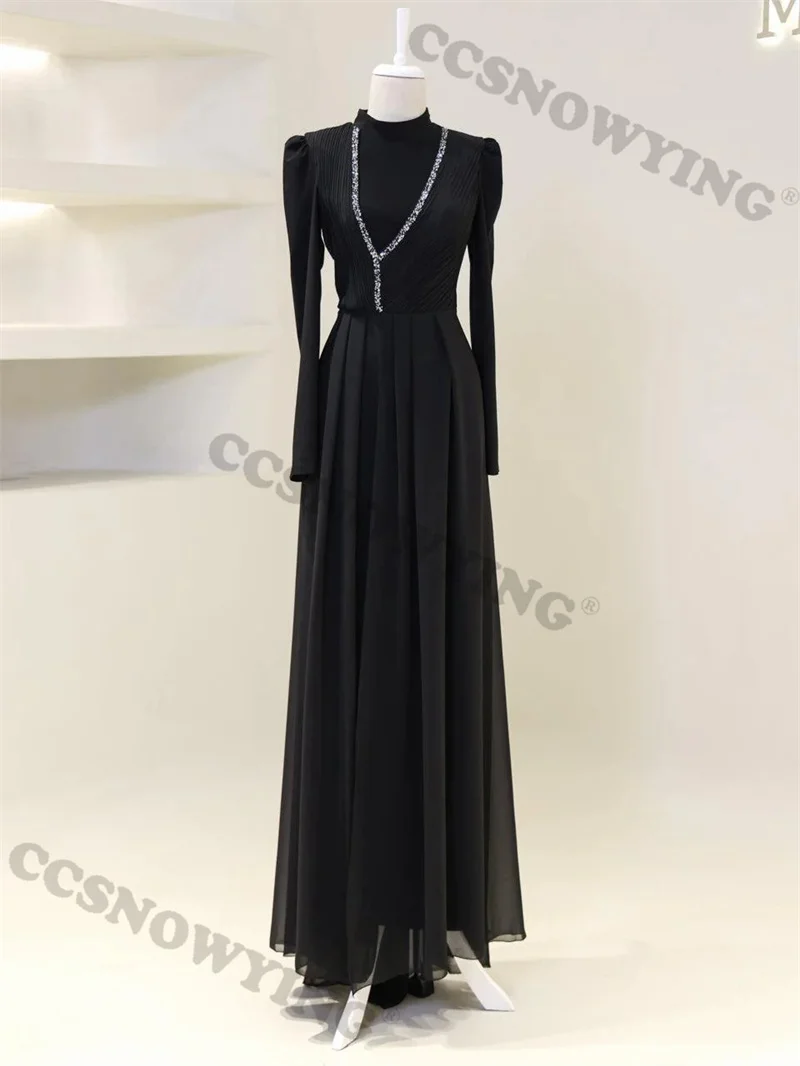 

Fashion Simple Long Sleeve Chiffon Prom Dress High Neck Muslim Evening Dresses Islamic Forma Party Gown