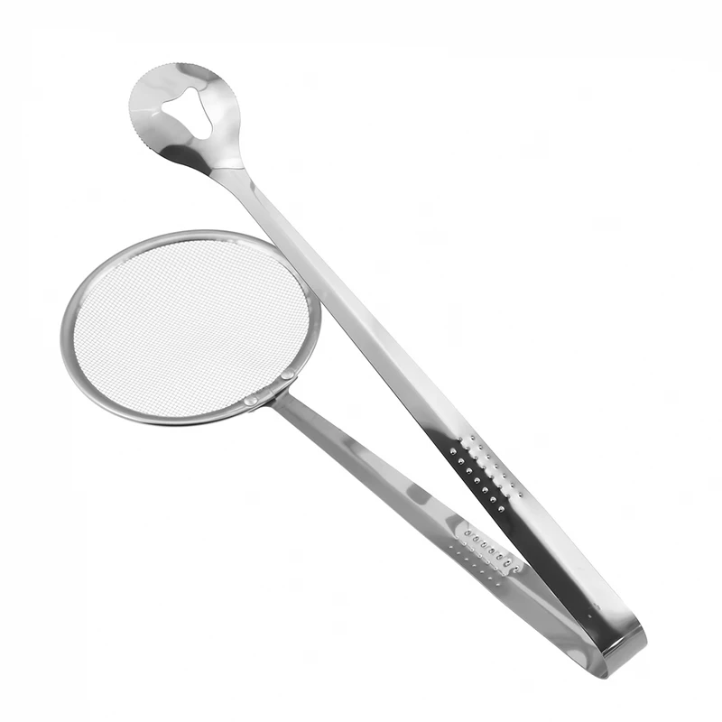 Stainless Steel Filter Spoon With Clip Multi-Functional Oil-Frying Skimmer BBQ Food Tongs Salad Strainer Kitchen Cooking Tools