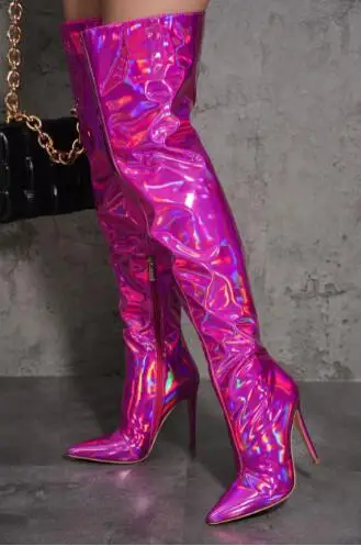 

Hot Pink Sliver Laser Leather Pointed Toe Slim Stiletto Heel Over The Knee Boots Women Sexy Banquet Thigh Long Botas Shoes