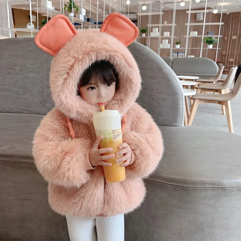 

Girl Faux Fur Cute Big Ears Soft Jacket Baby Autumn Winter Warm Hooded Coat Kid Cashmere Plush Outerwear Casual Clothes For 1-5Y