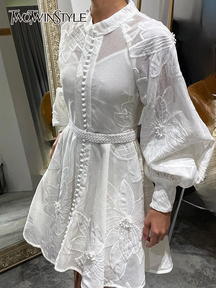 

TWOTWINSTYLE Elegant Hollow Out Embroidery Dress For Women Stand Collar Lantern Sleeve Spliced Lace Up Chic Dresses Female New