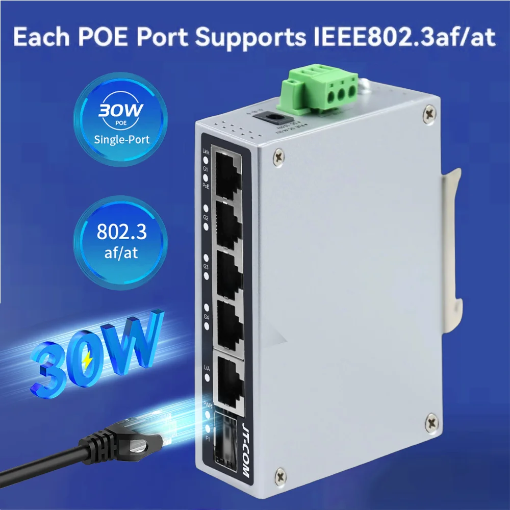 JT-COM 1.25GbE 스마트 산업용 PoE 스위치 1*기가비트 SFP 포트 +1*1000M RJ45 포트 +4*1000M POE RJ45 포트 (IP 카메라/NVR용)