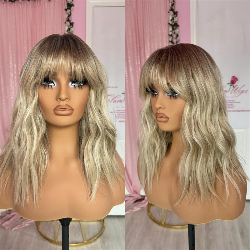 Ombre Ash Blonde Loose Wave HD Transparent Lace Front Wig Bangs Realistic Hairline Wig Heat Safe Sythetic Wavy Hair