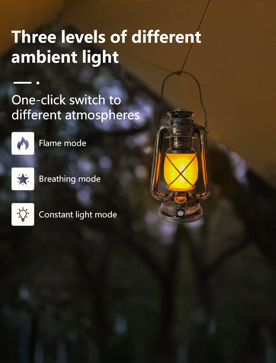 Description Picture 6 of itemRechargeable Retro Portable Lantern Hanging Travel Camping Lamp 3 Lighting Mode Vintage Atmosphere Light for Hotal Resturant Bar