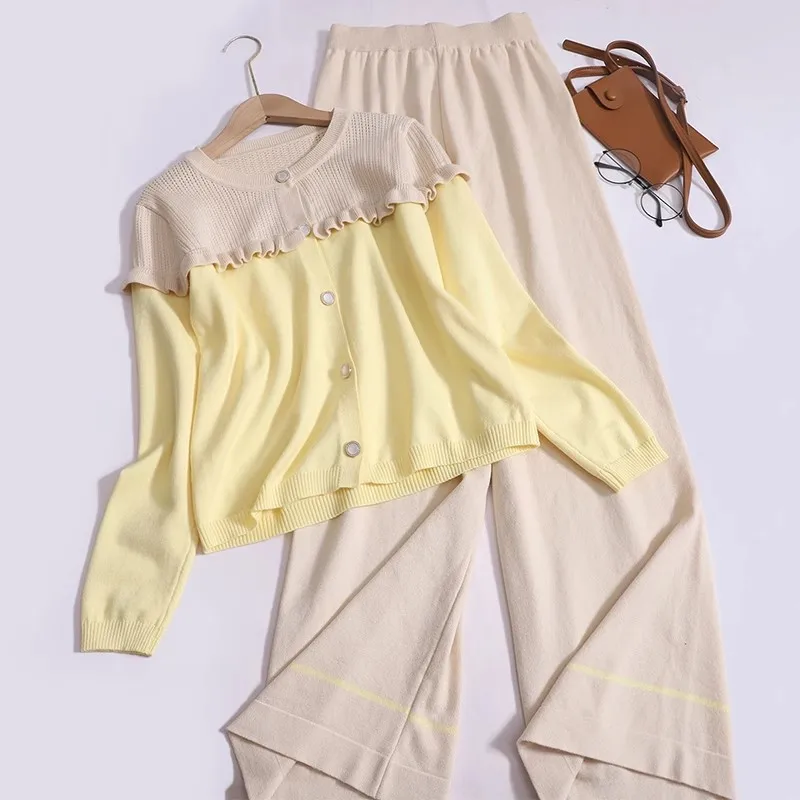 

Elegant Women Contrast Stitching Knitted 2 Piece Set Casual Woman Ruffles Sweater Cardigan + Long Wide Leg Pant Female Outfits