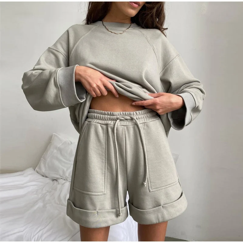 Women's Tracksuit O-neck Long Sleeve Sweatshirt High Waist Elastic Shorts 2022 Spring New Casual Loose Solid Tracksuit Soft Sets plus size jogger set