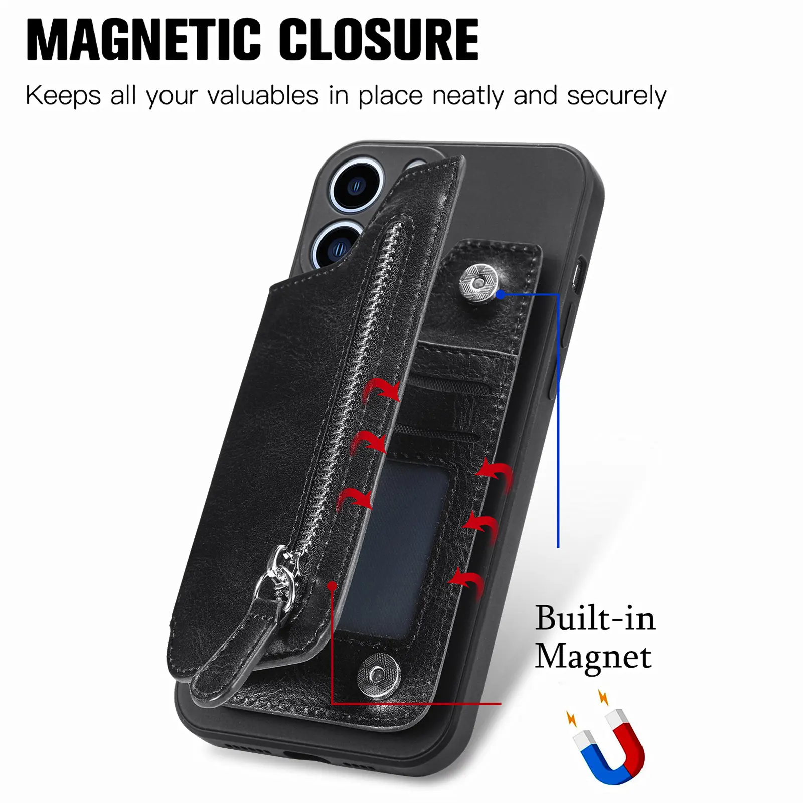 For iPhone 15 14 13 12 11 Pro Max Plus Leather Wallet Case Magnetic Rubber  Cover