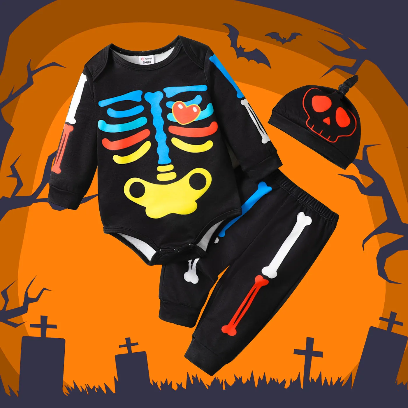 

PatPat Halloween 3pcs Baby Girl/Boy Childlike Style Bone pattern Sets with Hat