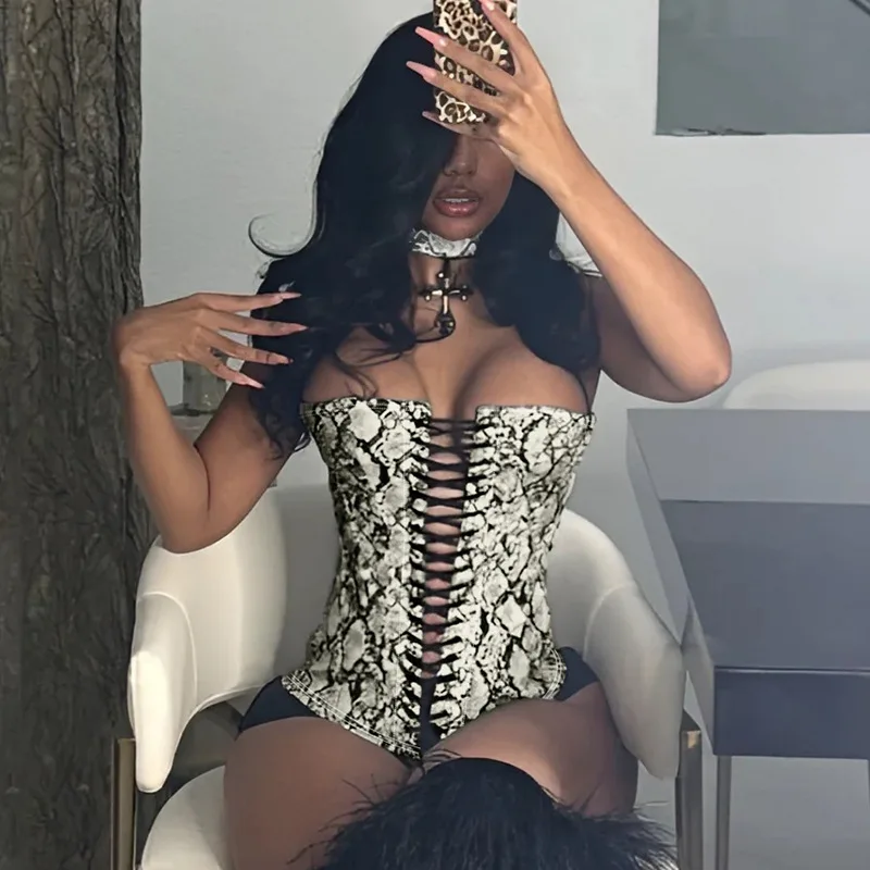 Sexy Womens Animal Leather Corset Chest Waist Adjustable Vest Top Summer Hollow Out Strapless Tube Tops Cami Slim Shaper Bustier