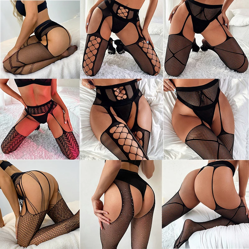 Women Sexy Stockings Pantyhose with Belt Set Black Underwear Open Thigh High Stockings Fishnet Tights Lace Stocking lingerie