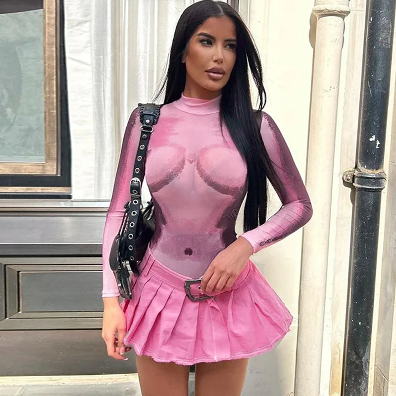 

Long Sleeve Autumn Skinny Bodysuit One Piece Jumpsuit Women Clothing Sexy 3D Body Print Casual Streetwear Outfit Bodycon Romper