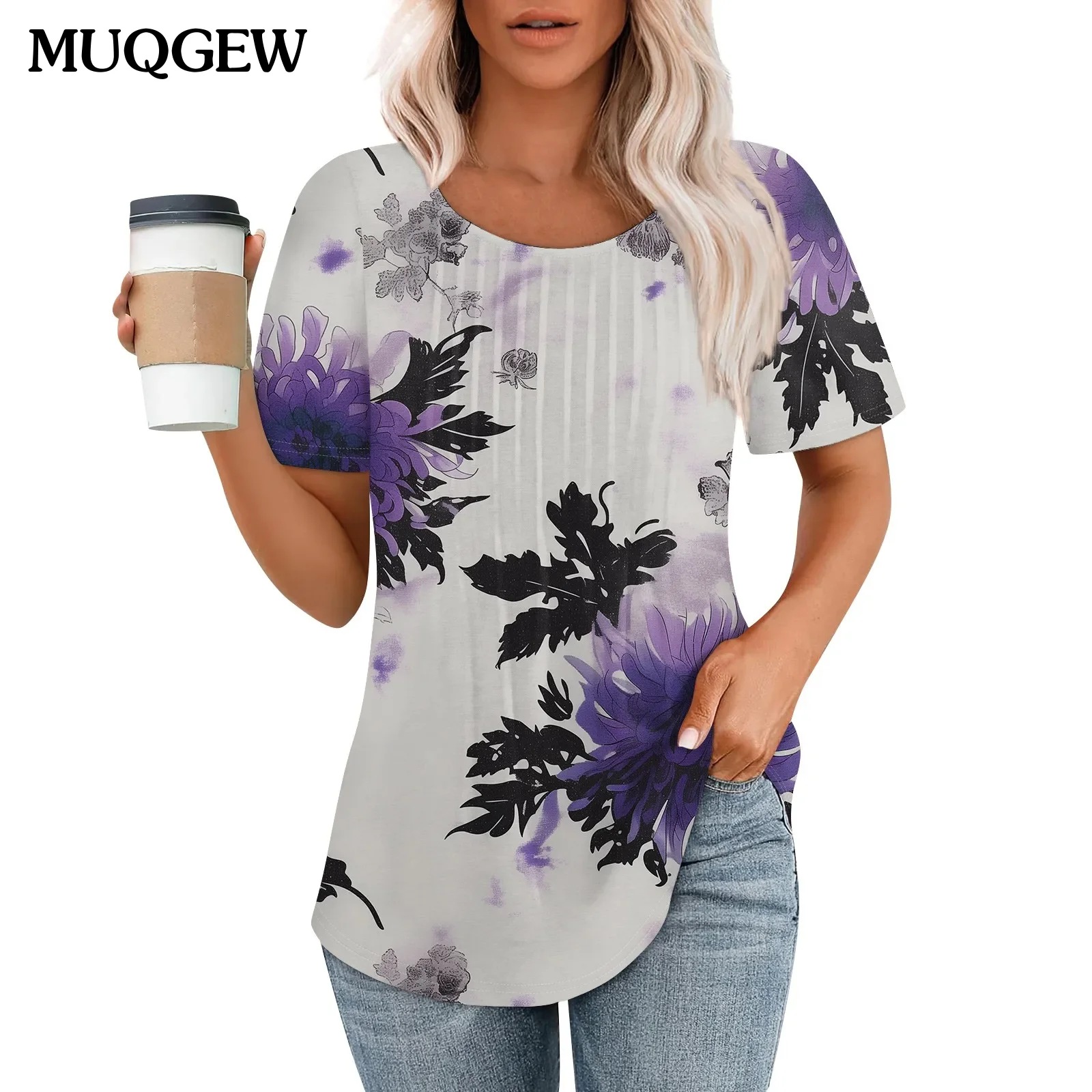 

Casual Summer T Shirt Women 2024 New Short Sleeve Round Neck Loose Oversized Tops Streetwear Ladies Floral Printed Tee Clothes
