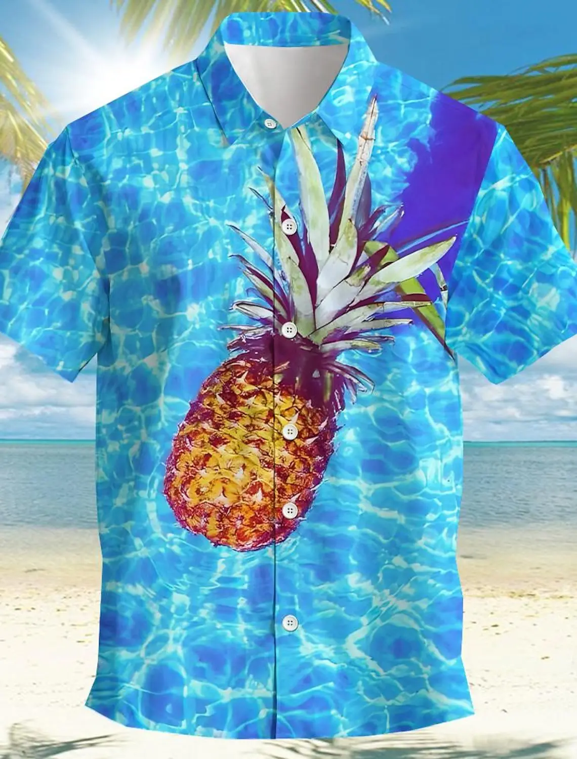thumbnail image 1 of Camisa de hombre con estampado tropical de piña, camisa hawaiana de verano, informal, para vacaciones, verano, primavera, camisa de manga corta con cuello vuelto, tela elástica, 1 of 5