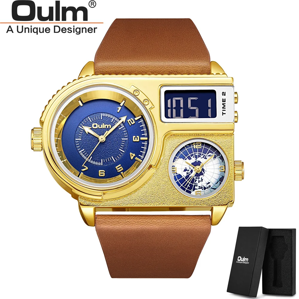 Oulm 5026 Big Dial Men Wristwatch Dual Display Quartz Clock Two Time Zone Luxury Watch Male Genuine Leather Wrist Watches 