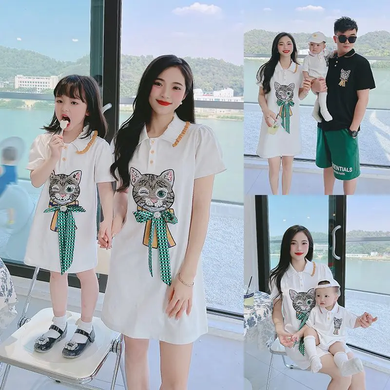 

Family Cartoon Clothes Mom and Daughter Dresses Dad Son Matching Polo Shirts Baby Cute Bodysuit Fashion Sister Brother Clothes