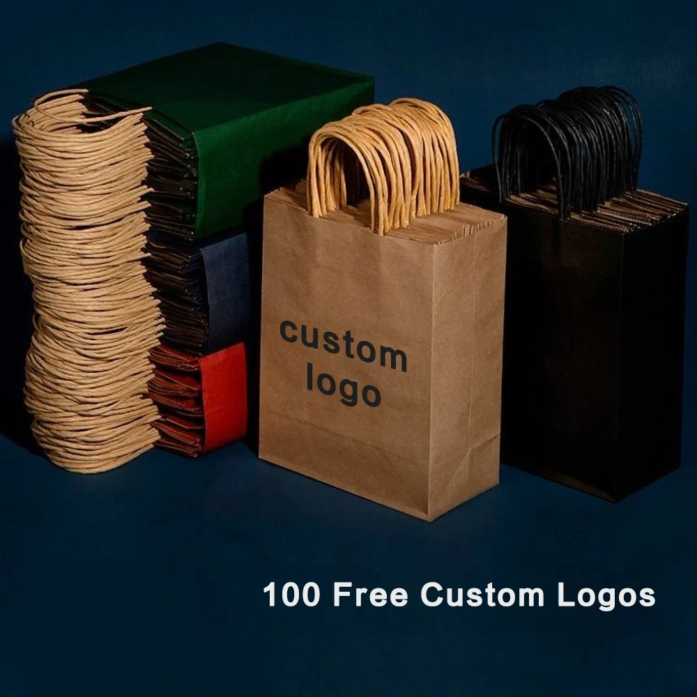 100Pcs Custom Logo Kraft Bags Gift Paper Packing Bag Craft
