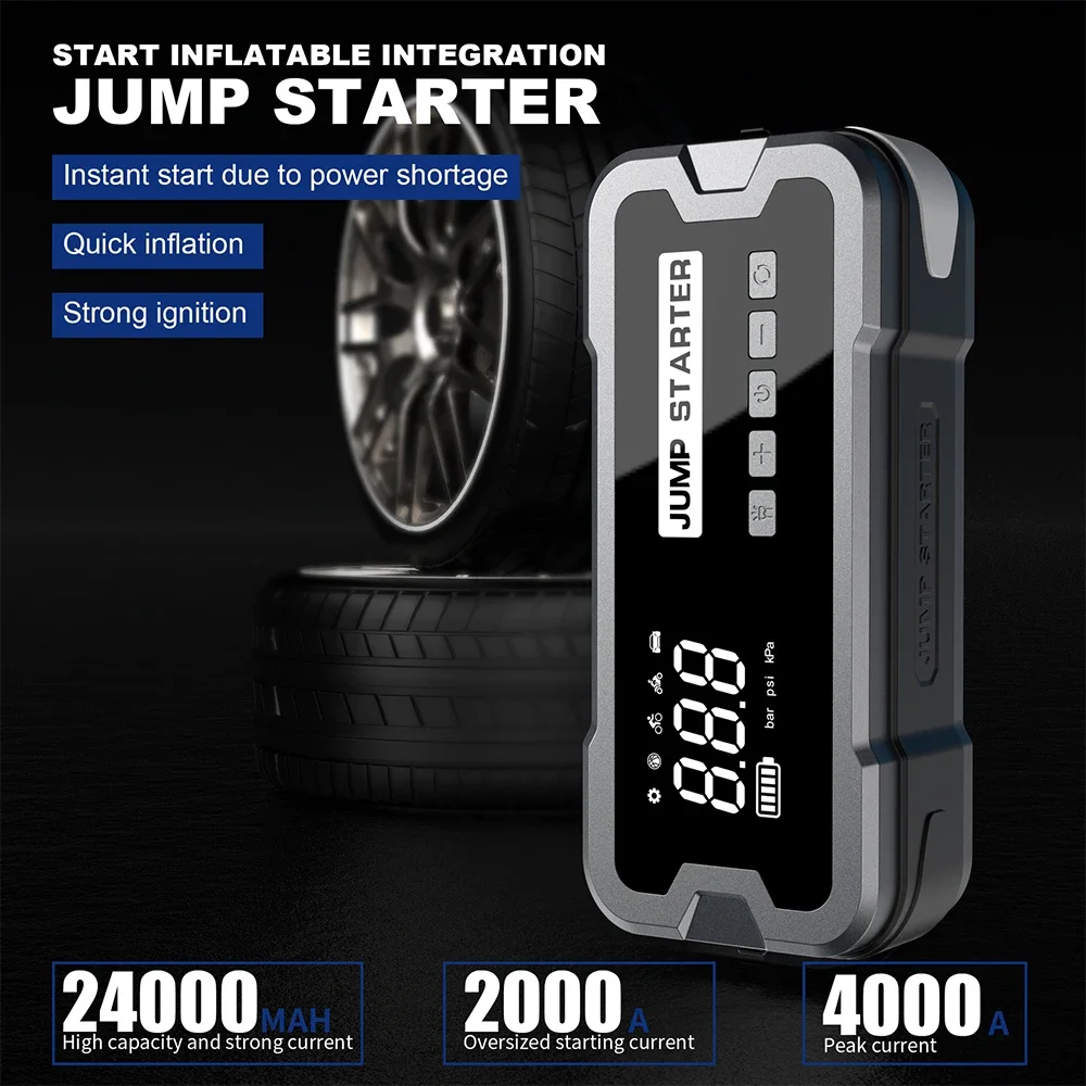 12V Car Jump Starter Air Pump 4000A Cylinder Inflatable Pump with Air Compressor Jumper Box 24000mAh Power Bank Battery Charger