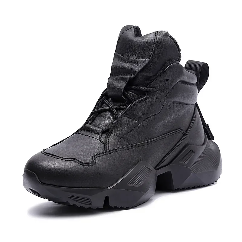 Thick Sole Cowhide Men's Sneakers Casual Personality Fashion Platform Leather Men's Shoes Black  Winter Plush Warm Snow Boots 5