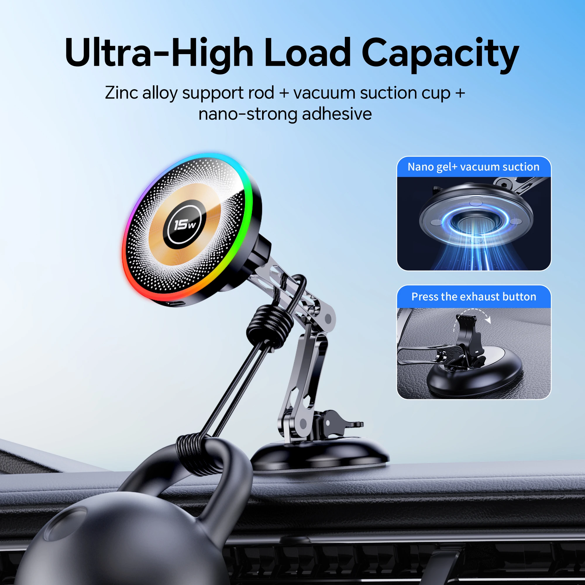 Magnetic Car Wireless Charger Stand with 15W Fast Charging and Phone Holder Bracket
