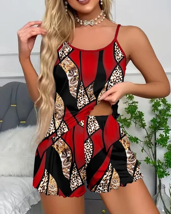 Women 2 Pieces Set 2024 Women's Sleeveless Leopard Print+Elastic Waist Short Plus Size Colorblock Contrast Homewear Pajama Set