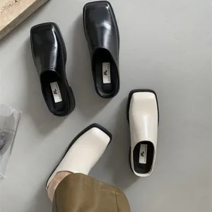 Baotou Half Slippers Thick Bottom Chunky Heel British Style Women Shoes Fashion Square Toe Slip on Mules Slides Chaussure Femme