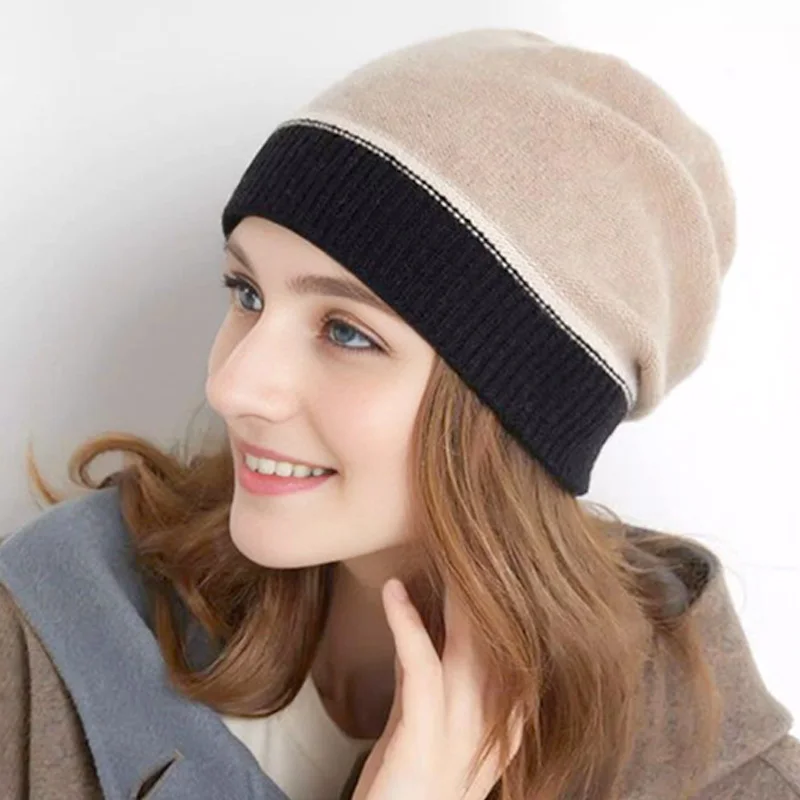 

Women Beanie Hats Woolen Knitted Hat Color Block Cashmere Cap Soft Fluffy Slouchy Autumn Winter Warm Outdoor Accessories