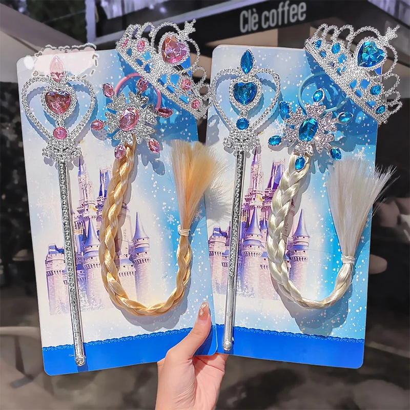 3Pcs/Set Little Girls Elsa Magic Wand Queen Crown Snowflake Weaving Braid Cosplay Props Kids Play Toys Crystal Accessories