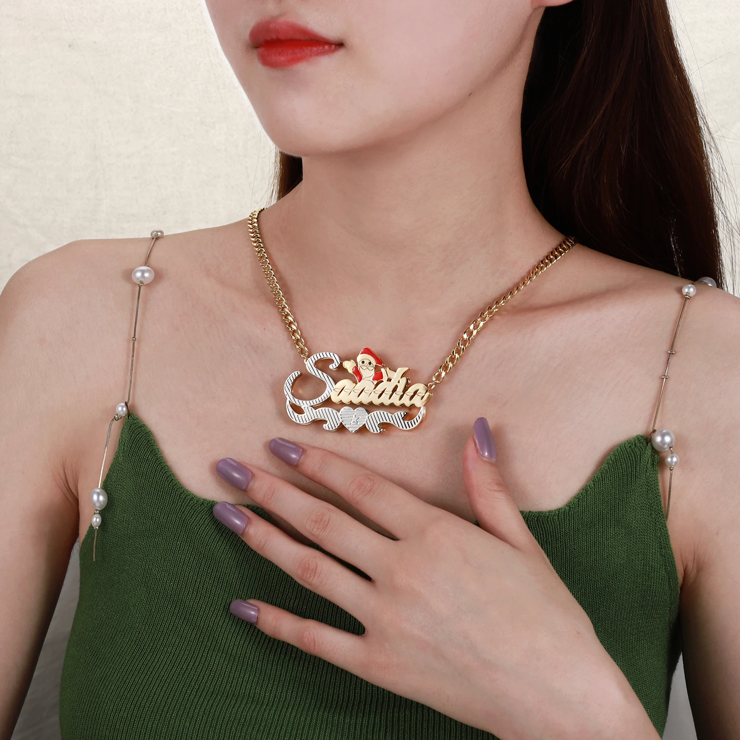Customized Double Layer Two Tone With Santa Claus And Heart Personalized Gold Plated Name Necklace For Women Christmas Gifts