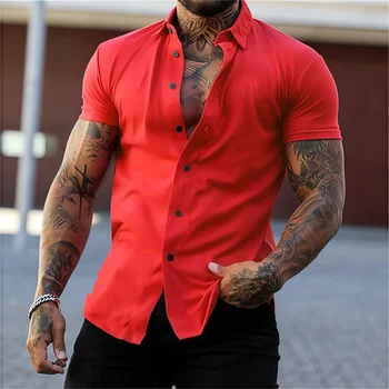 Camisa de manga corta con solapa, cardigan informal deportivo fino elastico de color solido, camisa de negocios sin ferro, xs-4