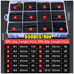Black Heat Shrink Tubing Kit - Thermoresistant Electrical Insulation Sleeves (650PCS box Black)