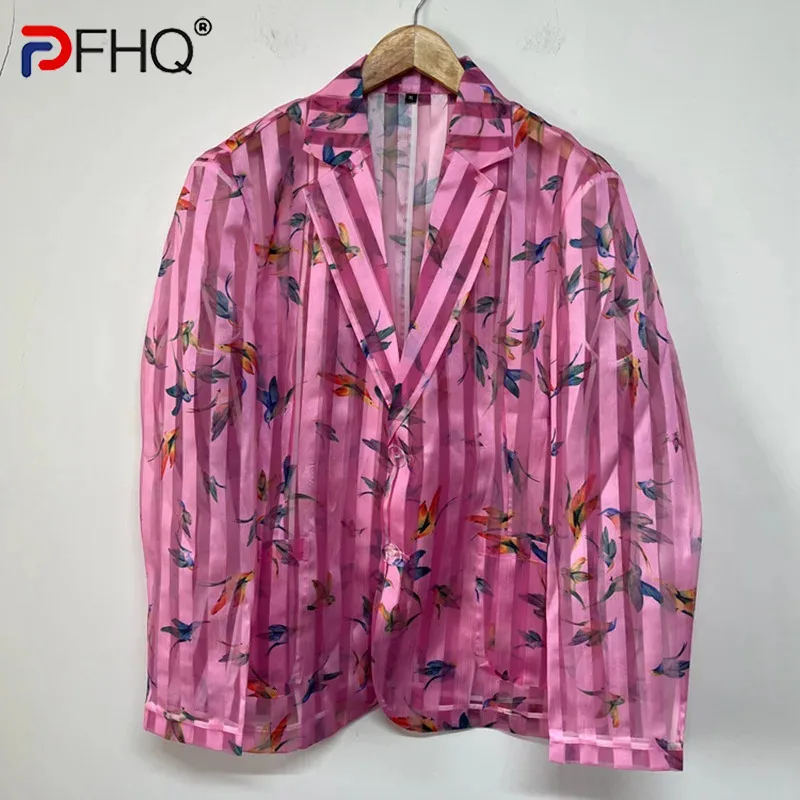 

PFHQ Men's Striped Anime Print Coat Summer Perspective Organza Designer Male Sun Protection Casual Versatile Blazers New 21Z4567