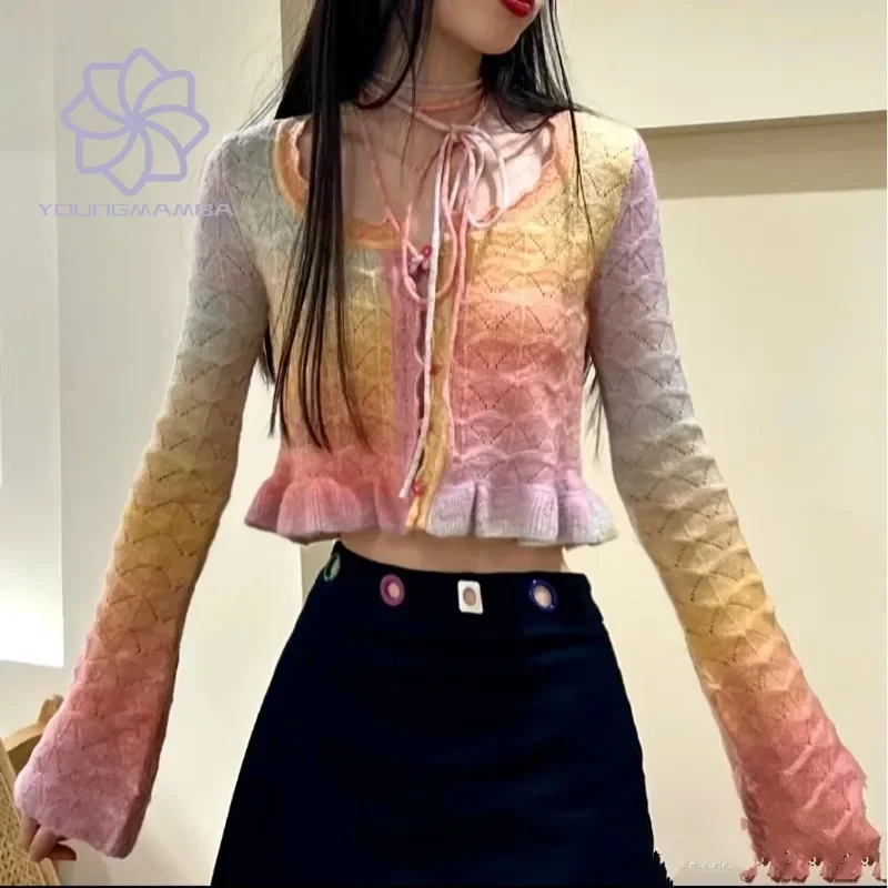 

Rainbow Knitted Cardigan for Women Spring Autumn New Korean Fashion Sweater Sweet Girl Hollow Out Long Sleeved Top