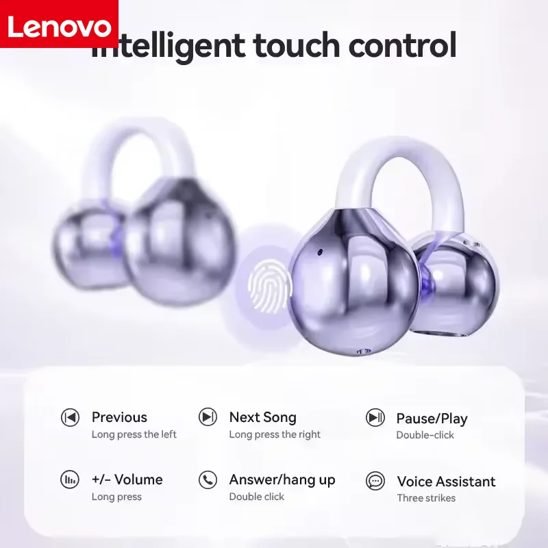 Lenovo Wireless Bone Conduction HIFI Bluetooth 5.4 Earbuds Clip on Ear with Digital Display Waterproof Sport Headsets with Mic