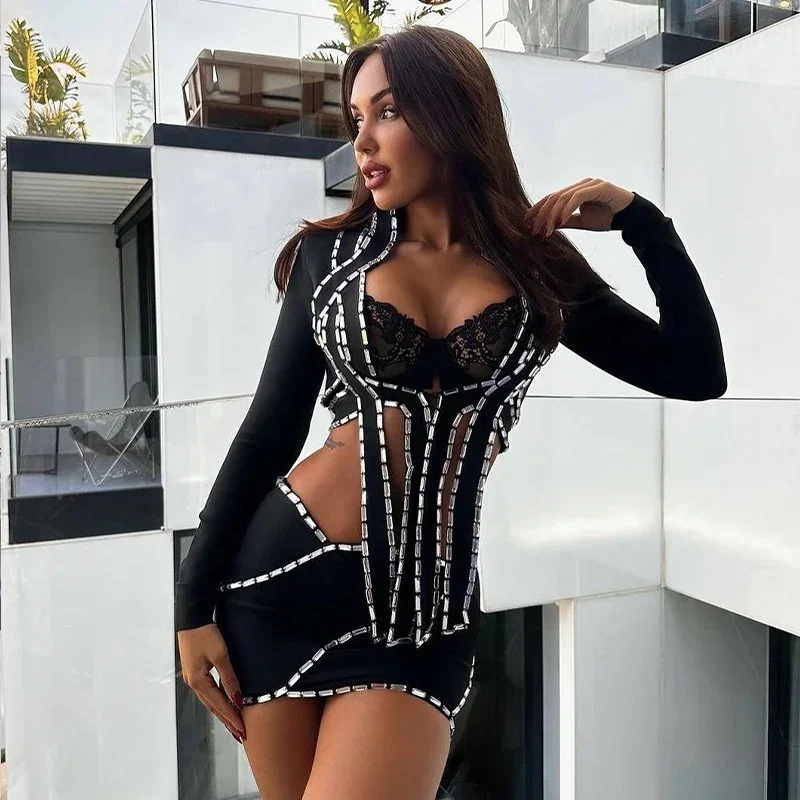 Women Long Sleeve Shinning Crystal Bodycon Long Bandage Dress Elegant Evening Party Occation Celebrate Outfit main image 0