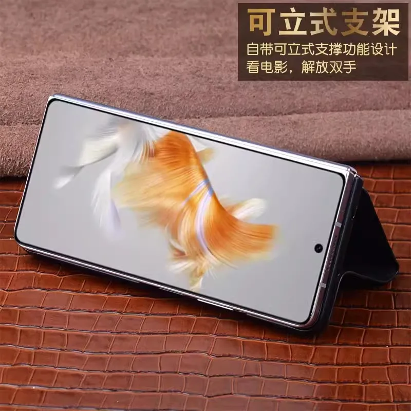 Original Genuine Leather Magnetic Flip Phone Case for Huawei Mate X3 MateX3 Business Crocodile Alligator Grids Grain Full Cover