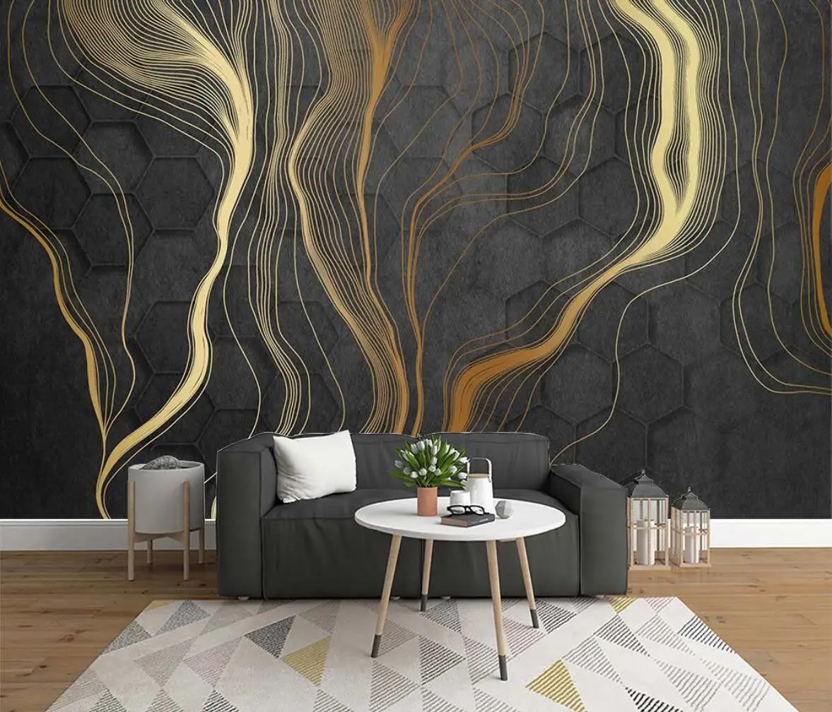 Custom 3d wallpaper mural modern minimalist light luxury hand-painted artistic conception golden line TV background wall