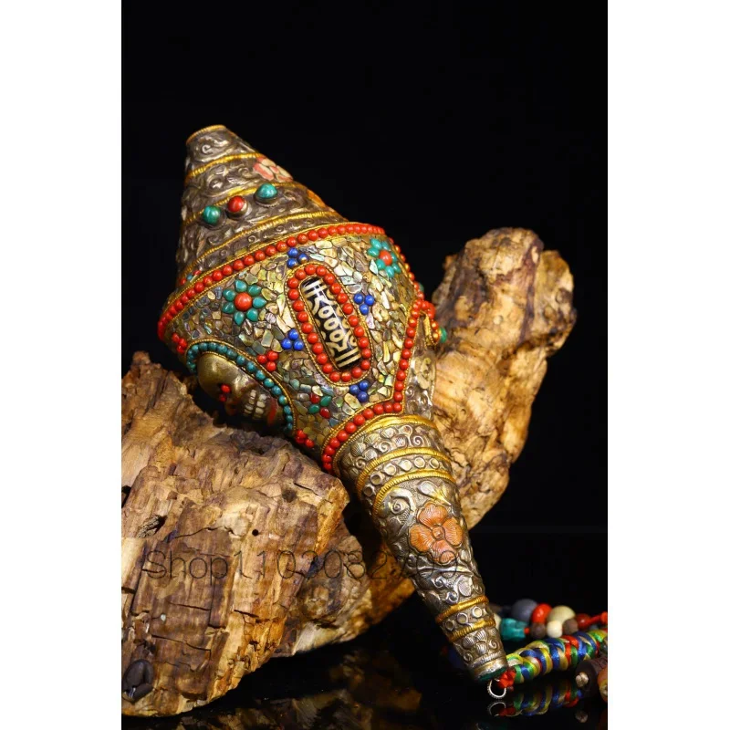 

12"Tibet Temple Collection Old Natural Conch Mosaic Gem gZi Beads Skull pattern Buddhist Snail Pendant Amulet Dharma Town House
