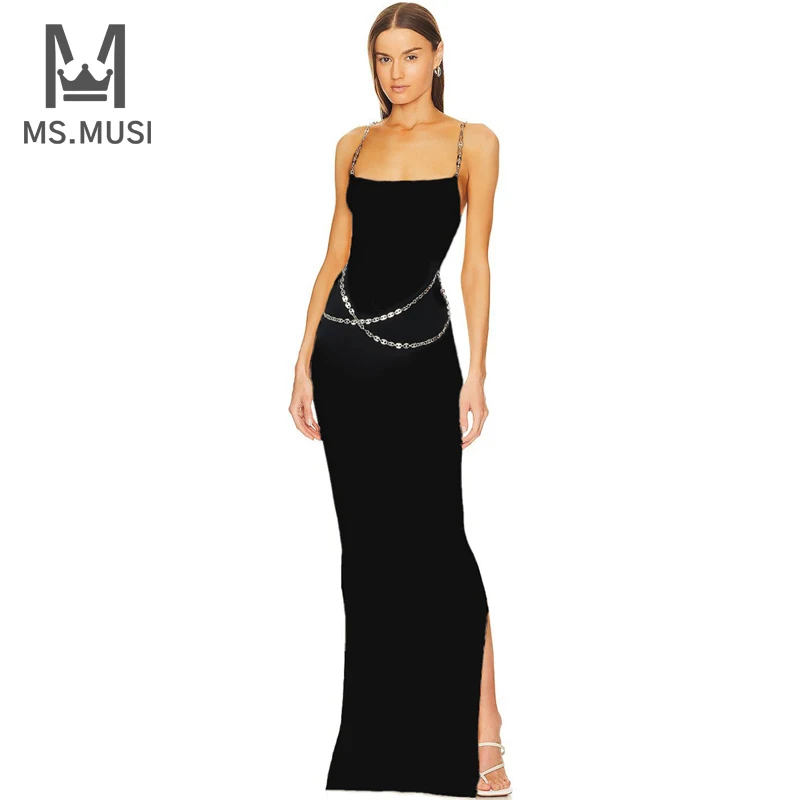 

Новинка 2024, модное женское сексуальное платье MSMUSI на бретелях, украшенное кристаллами, без рукавов, с открытой спиной, Бандажное платье-макси с разрезом для клуба