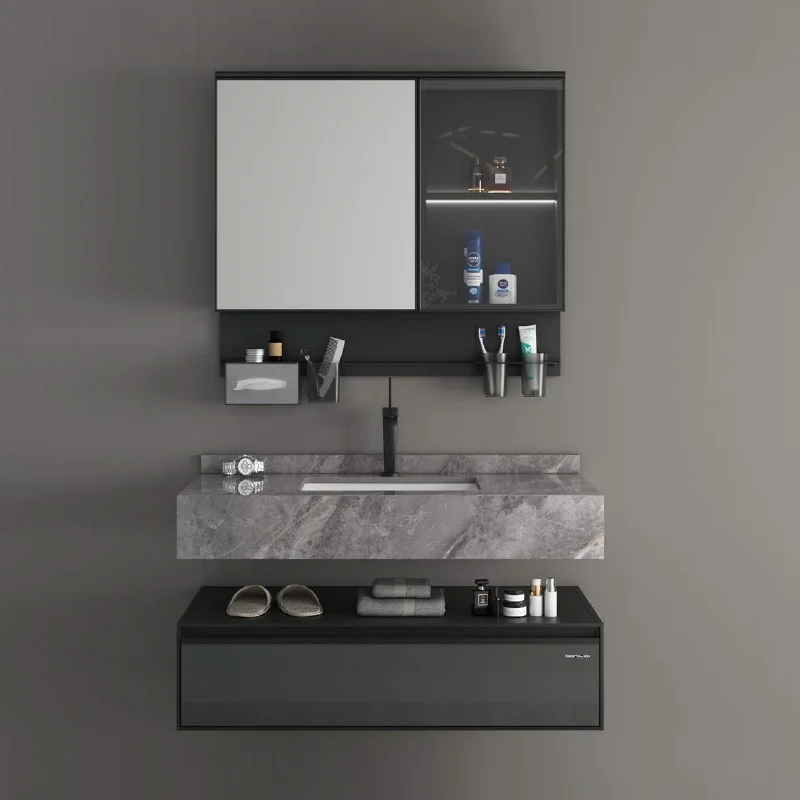 Cocobella Modern Gray Wall Mount Bathroom Vanity Hotel Aluminum Whole Plate Washroom Storage Cabinet Marble Floating Vanity