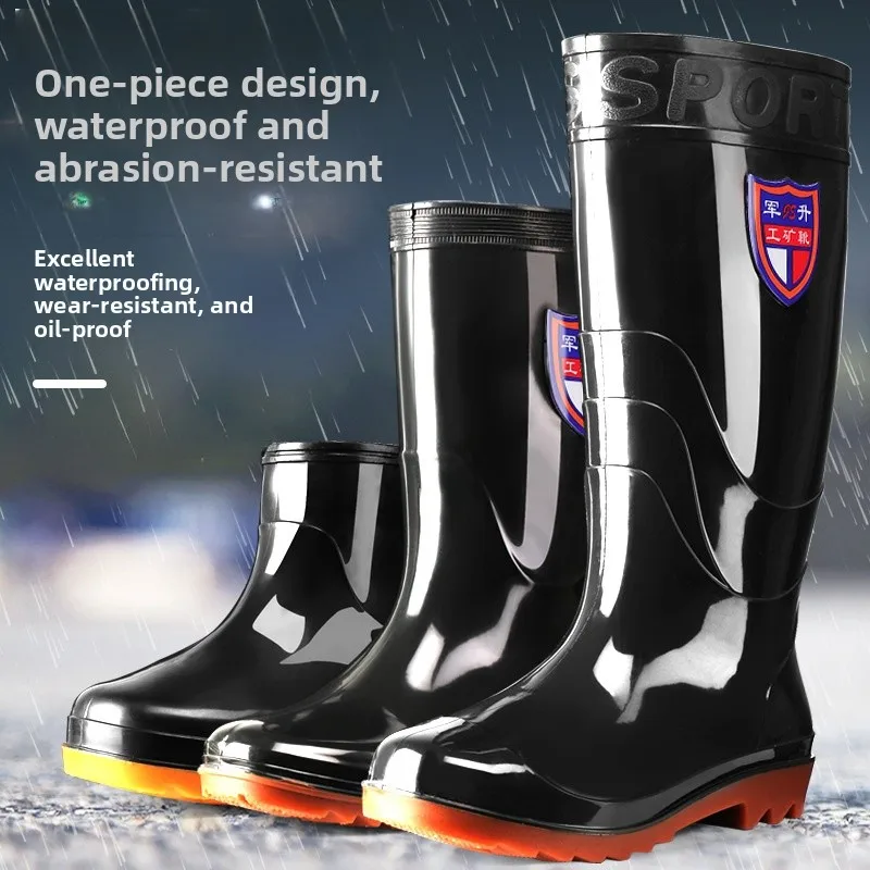 Bottes pluie hautes noires style militaire homme cuisine anti-dérapantes PVC longues chaussures aquatiques traditionnelles