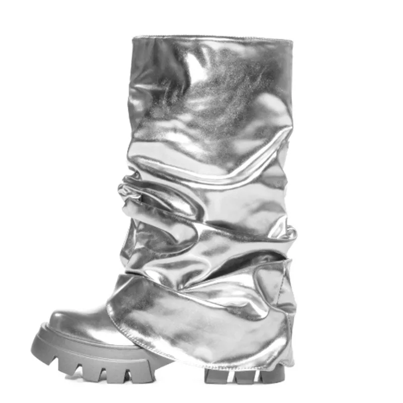 

Women's Boot For Winter 2023 New Round Toe Thick Platform Gold And Silver Female Long Boots Pleated Slip-on Fashion Ladies Shoes