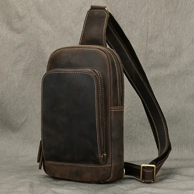 

Bag Mens Bag Pack Vintage Sling Chest Waist Front Cycling Bag Riding Leather Fashion Sports Bags Single Shoulder Genuine Outdoor
