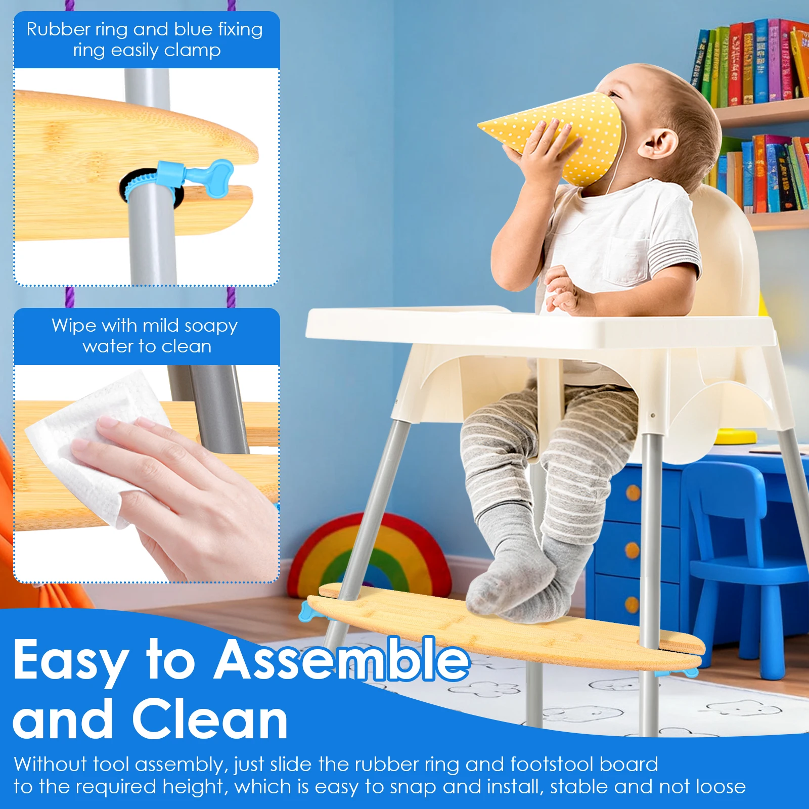 Baby High Chair Footrest Bamboo Wooden Height Adjustable Baby Highchairs Pedal with Rubber Rings Universal Highchair Accessory - 5