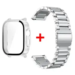 Tempered Glass Protective Shell with Stainless Steel Metal Band Bracelet for Realme Watch 5 (Silver - Silver)