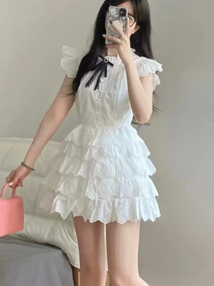 Korean Fashion New Preppy Style White Dress Women Sweet Casual Lace Bow  Slim Dresses Female Design Chic Ruffle Thin Outfits 2025 - AliExpress  200000345