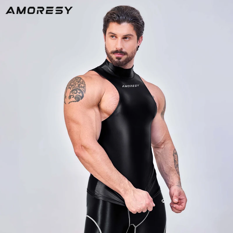 AMORESY sexy gloss yoga workout Training clothes High neck sports vest Shiny breathable Tights smooth swimsuit man