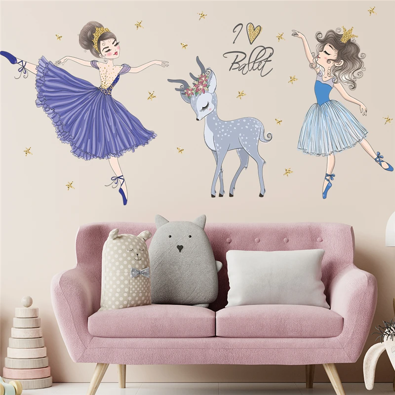 

Девичьи танцующие балерины с оленем, настенные наклейки для детской спальни, украшение «сделай сам», мультяшная роспись, художественные наклейки для дома Pvc постер