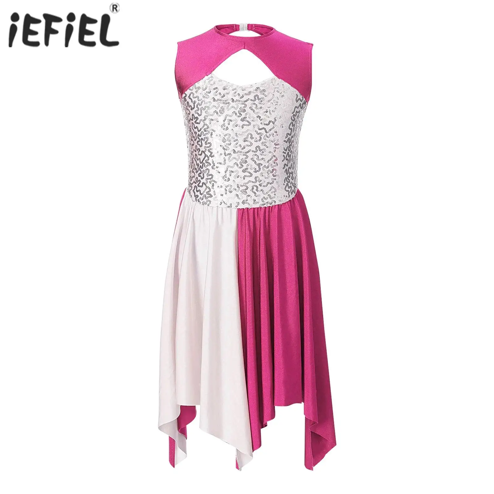 

Kids Girls Praise Lyrical Dance Dress Sleeveless Hollow Sequin Asymmetrical Hem Contrast Stage Performance Liturgical Dancewear