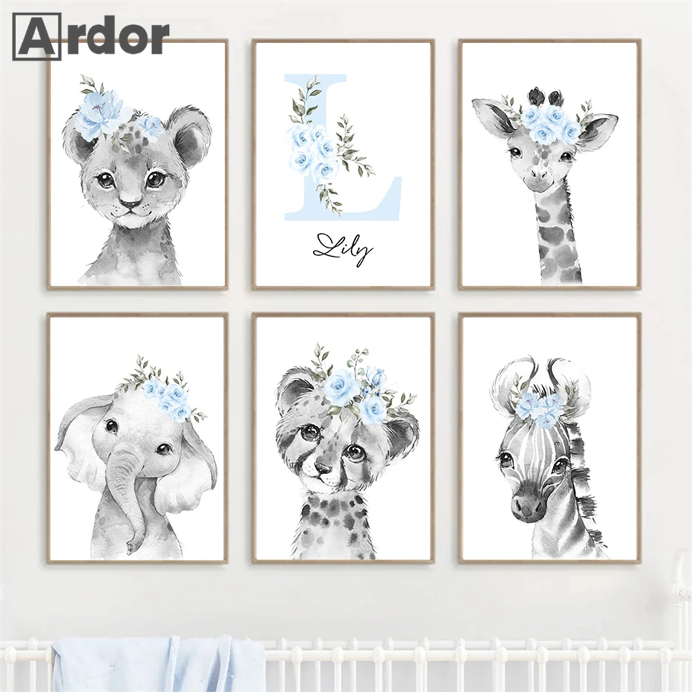

Custom Name Posters Painting Jungle Animal Canvas Print Lion Wall Art Elephant Poster Nursery Wall Pictures Baby Kids Room Decor