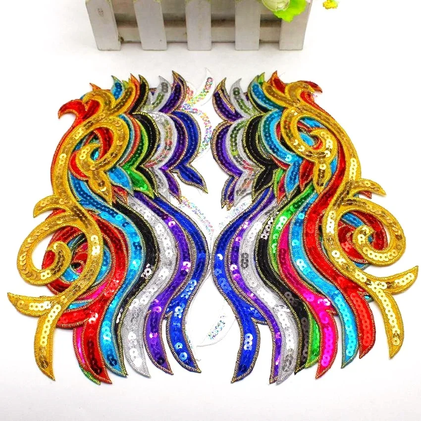Sequined Flower Appliques Iron On Gold Embroidery Patches Mirror Pair Paillette Multicolor Flower Trims 23*6cm 1 Pair